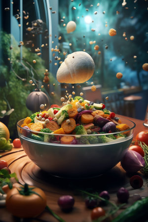Generative AI : Universe of vegetables that look like planets in space Tomatoes onions and garlic Mediterranean recipe ingredients in deep space illuminated by a star universe of fの素材