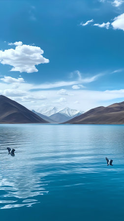 Generative AI : Blue lake water and skyの素材