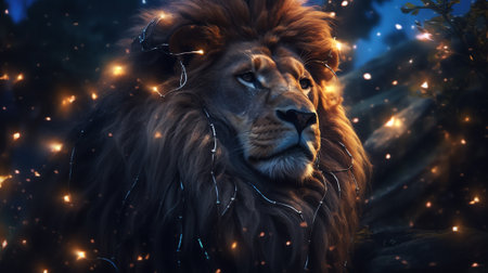 Generative AI : African lion and night savannah in Africa Moonlight landscape with flying butterflies king of animals Proud dreaming fantasy lion in savanna looking on stars Majestの素材