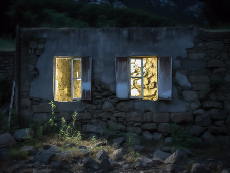 Generative AI : A night scene of a derelict deserted old barn in the Suda Mountain in the city of Abha Saudi Arabiaの素材