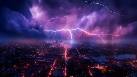Generative AI : Lightning storm over city in purple lightの素材