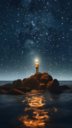 Generative AI : Man and Universe shore of the ocean sea fire and stars in hands in palms igniting stars Inspiration photo unity the man and universe astronomy and astrophotographyの素材