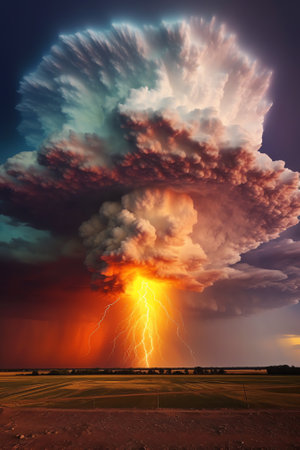 Generative AI : Lighting bolt striking from colorful clouds at sunset in the Nevada desertの素材
