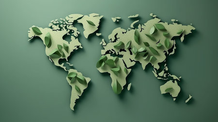 Generative AI : Environmentally friendly planet Poster Earth day The map of the world made from green leaves and branchesMinimal nature concept Think Green Ecology Concept Top viewの素材