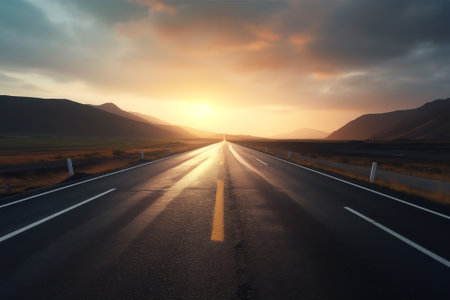 Generative AI : Asphalt country road at sunsetの素材