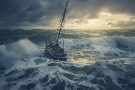 Generative AI : Sailing Boat at Stormy Sea Dark Background Loneliness Concept Toned Photo Copy Spaceの素材