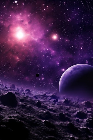 Generative AI : Starry night space view stars planets purple space sky background with galaxy viewの素材
