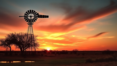 Generative AI : Silhouette of a tall wind vane in a glowing sunset sky Dunbar Nebraska United States of Americaの素材
