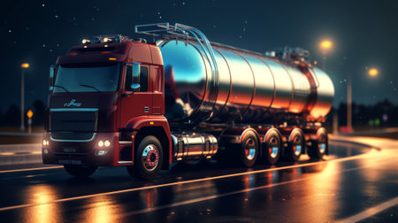Generative AI : Big metal fuel tanker truck shipping fuel on the countryside road against a night sky with a sunsetの素材