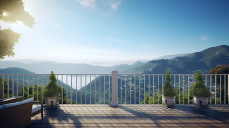 Generative AI : Landscape with a lonely swing on a hill in the mountains overlooking a mountain village sea sky on a sunny spring day Observation platform in the mountains near Batの素材