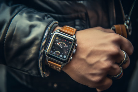 Generative AI : Business Man uses a smart watch on his hand inside of the office Close up lookの素材