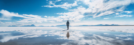 Generative AI : Panorama of lost islands in a sea of salt Uyuni salt flat desert Boliviaの素材