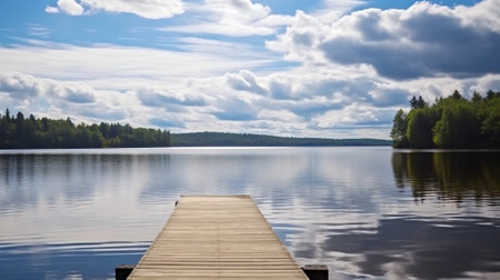 Generative AI : Wooden pier near the river lake Evergreen trees in the background Clear blue sky reflections on the water Idyllic summer landscape Ecotourism recreation ecologicalの素材
