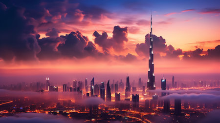 Generative AI : Amazing night dubai downtown skyline Colorful summer sunset Panorama of business area with tallest skyscraper of the world Dubai United Arab Emiratesの素材
