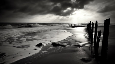 Generative AI : Panoramic view of the Baltic sea during the storm Dramatic sky sun rays through the dark clouds Epic seascape Finland Concept image ecology meteorology weather Blacの素材