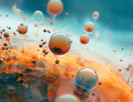 Generative AI : Macro shot of oil bubbles with water on colorful background Space and universe planets styled abstract imageの素材