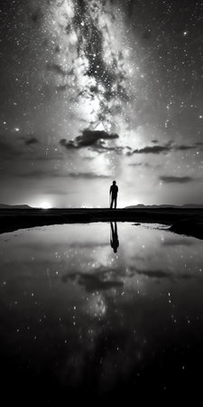 Generative AI : Man standing along the waters edge under the Milky Way galaxyの素材