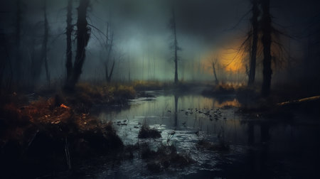Generative AI : Spooky dark landscape showing silhouettes of trees in the swamp on misty night Night mysterious forest in fire and dramatic cloudy night skyの素材