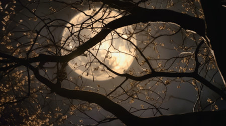 Generative AI : Tree branches against the background of the night sky with the moonNight sky with moonの素材