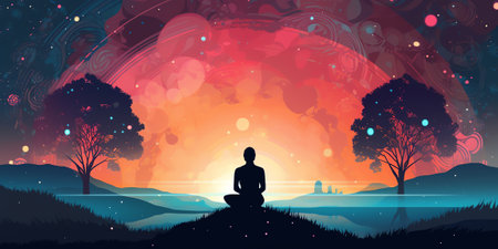 Generative AI : Milky Way Silhouette of a sitting woman practicing yoga on the hill near the lake with sky reflection in water Landscape with meditating girl Night starry sky and mの素材