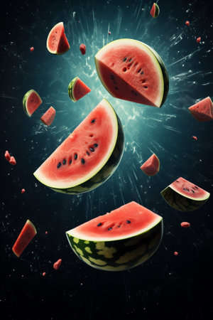 Generative AI : Tasty and fresh watermelon flies in the deep space among neon light rings as planet Art collage concept of 90s or 80sの素材