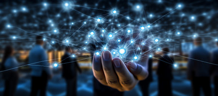 Generative AI : Abstract science circle global network connection in hands on night sky background Blue tone conceptの素材