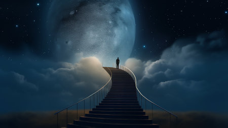 Generative AI : An escalator goes up to the night skyの素材