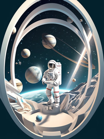 Generative AI : Astronaut floating in the stratosphere near a planetの素材