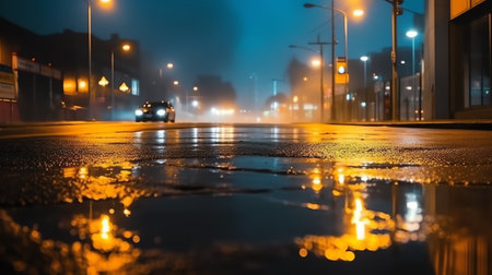 Generative AI : Background scene of empty street Night view of the river the night sky with clouds the reflection of light on the water Smoke fogの素材