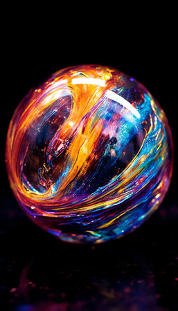 Generative AI : Close up macro photograph of the psychedelic rainbow of colors mixing and swirling in a soap bubble to look like a fantasy galaxy or planet isolated against a blackの素材