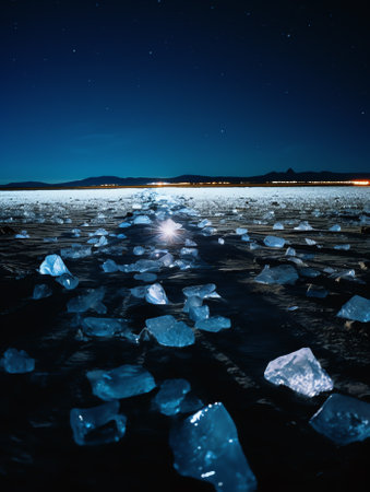 Generative AI : Beautiful winter landscape of frozen Lake Baikal with Milky Way galaxy Snowy ice hummocks with transparent blue piles of ice Baikal Lake Siberiaの素材