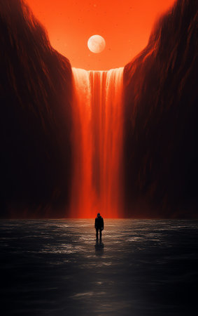 Generative AI : Orange moon over great waterfallの素材
