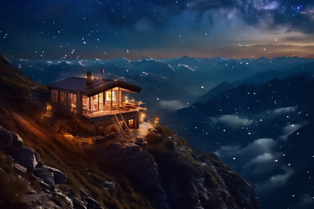 Generative AI : Mountain shelter under bright stars Russiaの素材