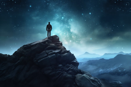 Generative AI : person man people mountain adventure hiking trekking tourism universe galaxy milky way stars nightの素材