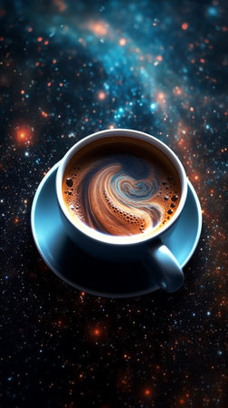 Generative AI : Cup of coffee and stars on a dark blue background Concept of the Starry sky and Coffee Flat lay top viewの素材