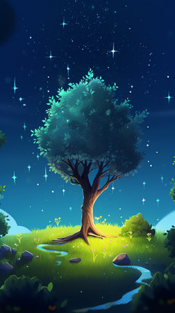 Generative AI : Crown Of Lonely Pine Tree On Blue Night Starry Sky Background Night View Of Natural Glowing Starsの素材