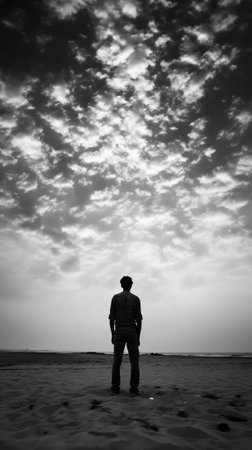 Generative AI : Lonely man at the beach under the stary skyの素材