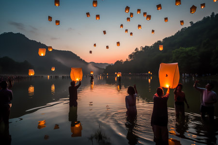 Generative AI : In the evening at sunset people with their relatives and friends launch traditional lanterns Tradition and travelの素材
