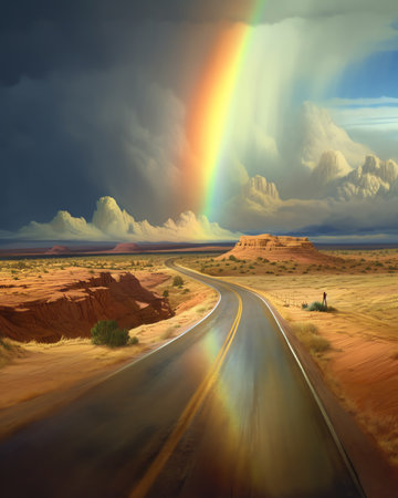 Generative AI : Storm clouds gather over a road that leads into the distance with rainfall and a rainbow in the distance creating a very dramatic landscape North Dakota United Statの素材
