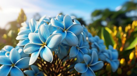 Generative AI : plumeria frangipani bush against the blue sky copy spaceの素材
