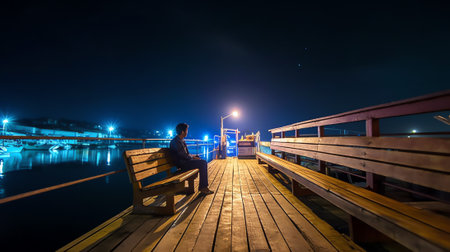 Generative AI : Night coastline view from the pier of Odessa Sea Port Ukraineの素材