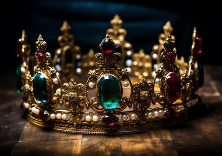 Generative AI : Tiara or diadem with colorful sparkles on black backgroundの素材