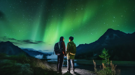 Generative AI : Silhouette of young couple traveler and backpacker standing and watched the star and milky way on top of the mountain He enjoyed traveling and was successful when hの素材