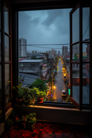 Generative AI : The view from the balcony to see the city and the dark sky in the night time and with some part of clouds after the rain stopsの素材