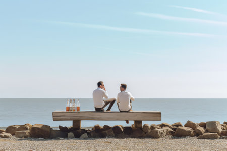 Generative AI : Wooden cement rusty two bench next to a calm sea with city silhouette in zmir Trkiye Gztepe Nostalgic coast view with blue sky horizon lonely sadness conceptの素材