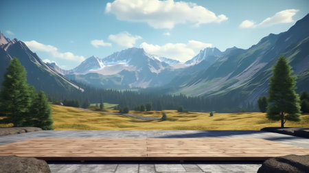 Generative AI : Empty square floor and green mountain sceneryの素材