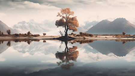 Generative AI : Scenic view of leafless trunks in water reflecting blue sky with clouds and lush green trees growing on shore of calm lake against mountain during wintertime in argの素材