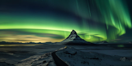 Generative AI : Amazing view on the Northen light over high mountains covering with snow forces of nature Aurora Borealis Icelandの素材