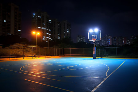 Generative AI : Basketball court lit by floodlight at nightの素材