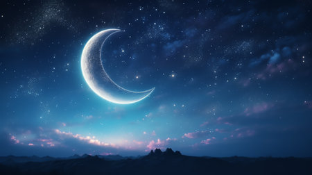 Generative AI : Amazing Crescent Moon on dark blue night sky backgroundUniverse filled with stars nebula and galaxy with noise and grainselection focusの素材